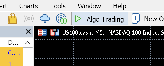 MT5 toolbar with Algo Trading toggled on and a green smiley icon on the chart
