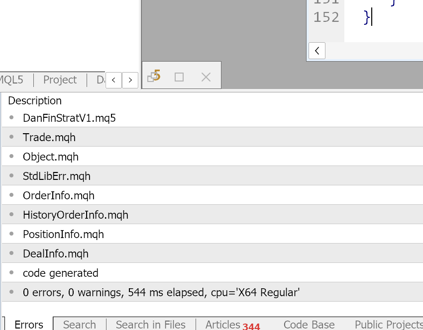 MetaEditor Toolbox panel showing a compile error