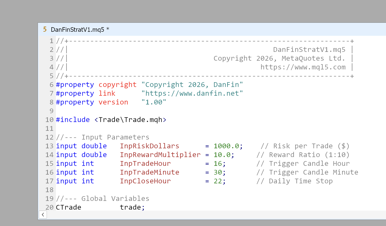 MetaEditor with the new EA file and the pasted code