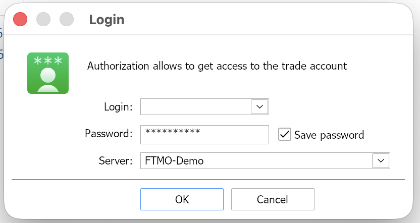 MT5 desktop login window with login, password, and server fields