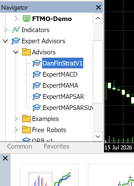 Navigator panel showing the EA listed under Expert Advisors