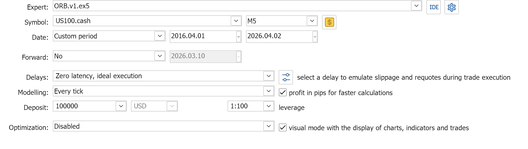 MT5 Strategy Tester setup with EA, symbol, and date range selected